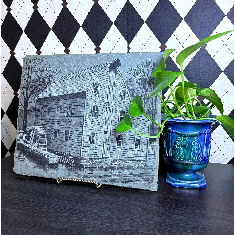 Historic Slate Rock Art The Saddle Rock Grist Mill Etched Colonial Landmark 14